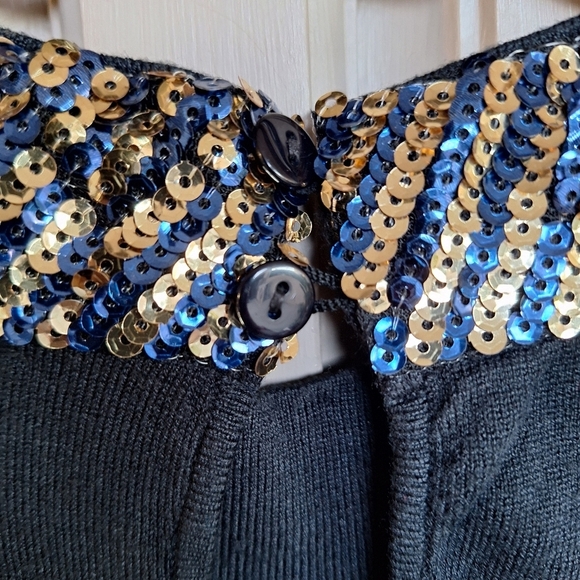 Venus Blue/Gold Sequin Collar Sweater SzL Long Sleeve Smooth Knit Classic - Picture 5 of 12